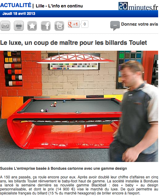 Artículo 20 minutos Lille – Le luxe, un coup de maître pour les billares Toulet