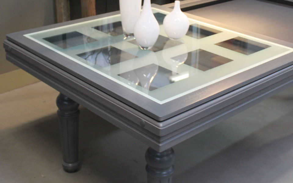 billard table-plateau-verre-damier-gris