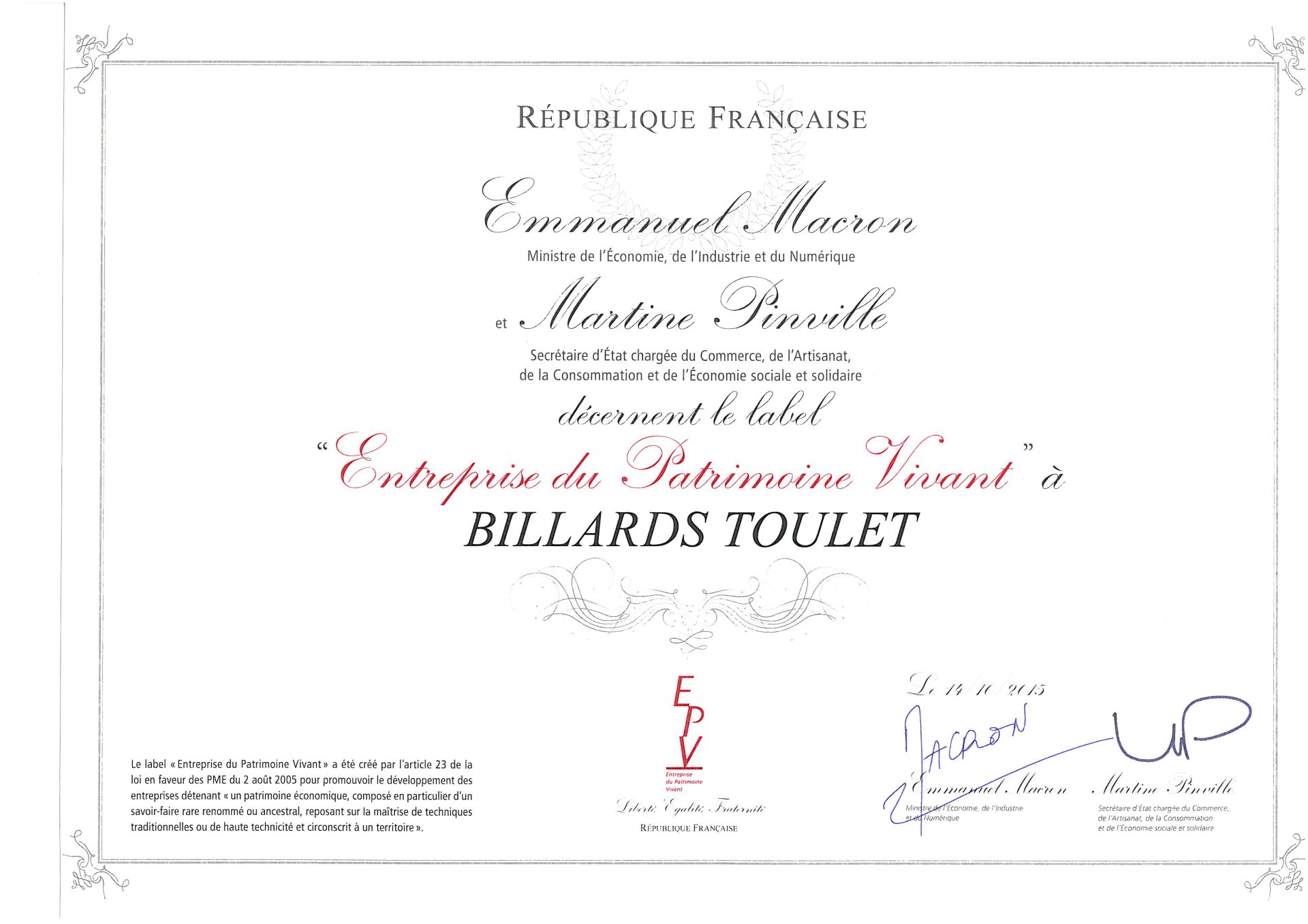 certificat EPV Entreprise du Patrimoine Vivant Billards Toulet