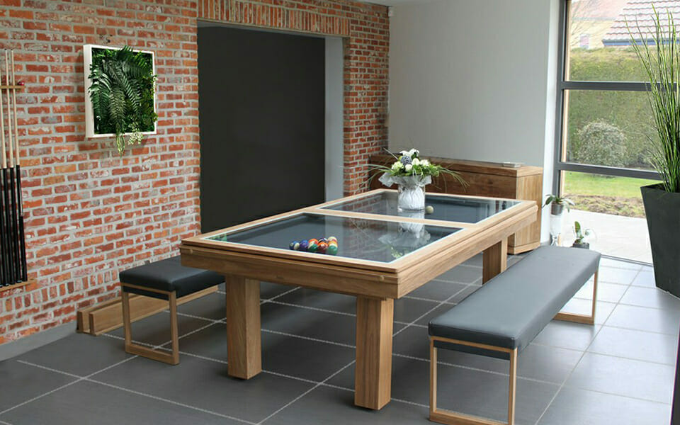 billard teck en bois convertible en table avec ses plaque de verre - Billards table Toulet