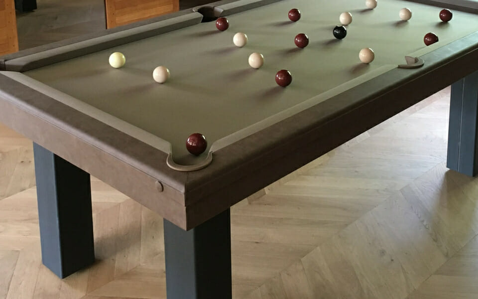 billard cuir leather contours marron clair et tapis gris - Billards Toulet