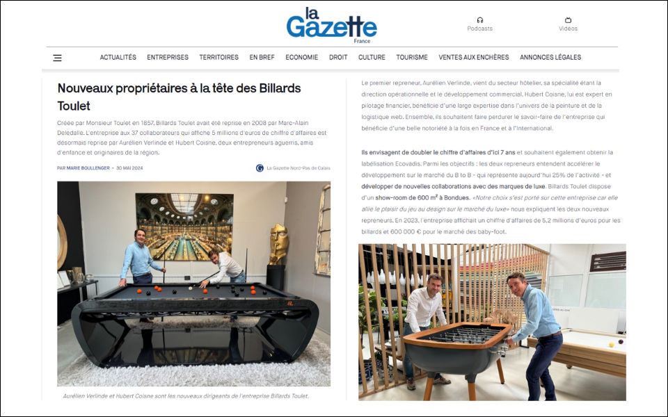 Article la Gazette billards Toulet Bondues nouveaux propriétaires