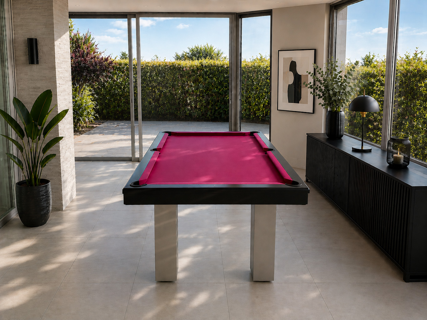 billard Broadway noir pieds inox tapis fuchsia américain Toulet